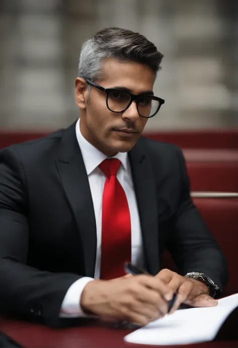 reporter masculino com terno preto, Red tie and notebook, with the expression of curiosity interviewing a person