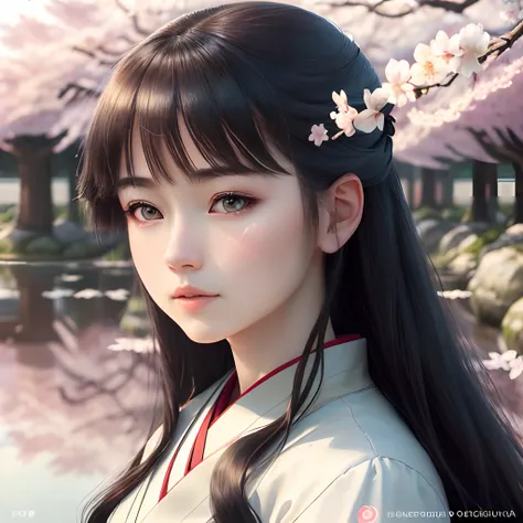 (best quality,4k,8k,highres,masterpiece:1.2),ultra-detailed,(realistic,photorealistic,photo-realistic:1.37),a girl with pale eyes and long dark hair, elegant facial features, wearing a traditional Konoha ninja outfit, standing in a serene, lush garden with...