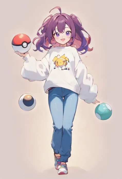 1 girl in、trainers、length hair、purplish hair、Narrow-eyed、White sweater、Denim pants、Holding the Poké Ball in your hand、a smile