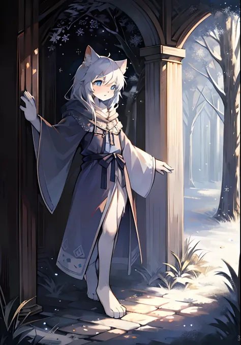 A white cat，Stand next to the tree，Dancing snowflakes，Abandoned wells，sadness，flowing robe，Hooded jacket，One hand holds the tree，solo person，long whitr hair，Snowflakes in the sky，