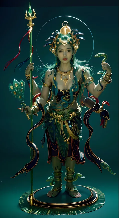 32K（tmasterpiece，k hd，hyper HD，32K）Long flowing black hair，Avatar girl，(((Green skin)))Girl，10 years old child，Stand in a valley full of flowers，（（（Green skin））），Gem Necklace，Exquisite headdress，Long hair hanging down the shoulders，There are six snakes on ...