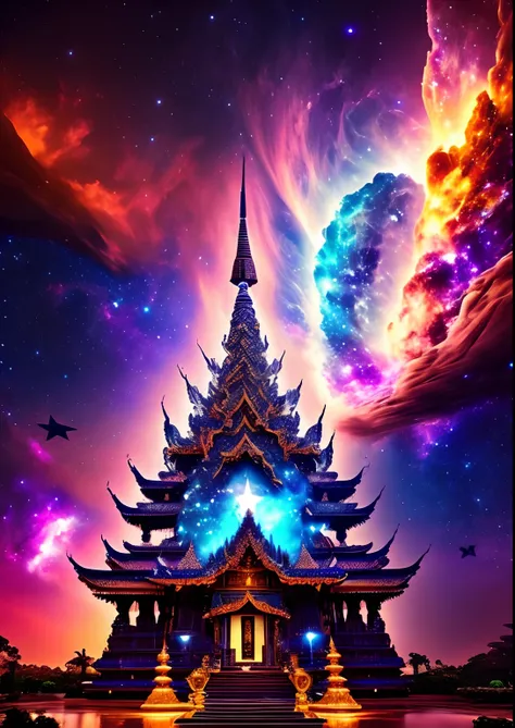 dreamlikeart, galaxy, outer space, nebula, star, [cyberpunked] Thai temple from the stars (star:1.5),