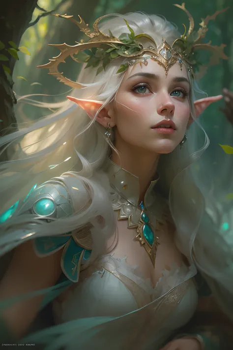 (masterpiece, ultra quality, high resolution, 8k, intricate: 1.2). female elf, looking at viewer, flowing cloths and silver amor, the silent forested, mysterious, fantasy art, Donato Giancola, craig mullins, parth, masterful strokes legendary