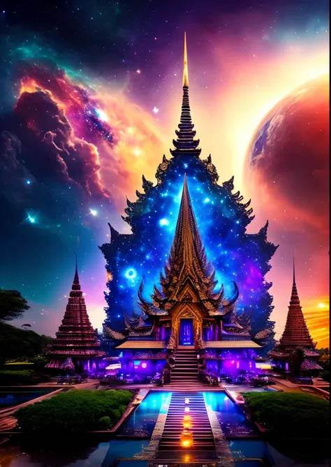 dreamlikeart, galaxy, outer space, nebula, star, [cyberpunked] Thai temple from the stars (star:1.5),