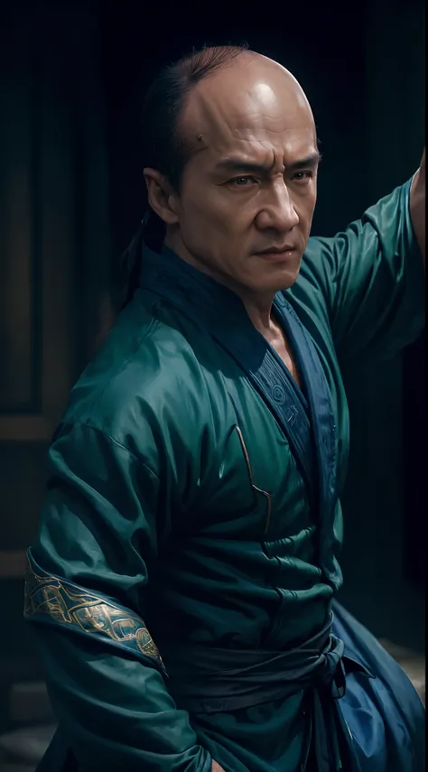 actor ((Jackie Chan)) as Shang Tsung, Mortal Kombat, ((old)), sinister-looking, ((bald spot)), ((goatee)), dark blue long robe, green transparent souls on background, intricate, high detail, sharp focus, dramatic, photorealistic painting art by greg rutkow...