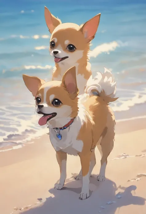 Chihuahua femelle brune avec trois chiots jouant sur une plage