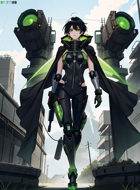 Black cape and green hair, rogue anime girl, Anime girl standing gracefully， Wearing a cloak on the blasted plain, asuka suit under clothes!, holy cyborg necromancer girl, badass posture, mechanic punk outfit, anime styled 3d, render of a cute 3d anime gir...