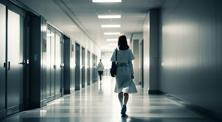 back profile of a woman doctor walking alone in the hospital hallway