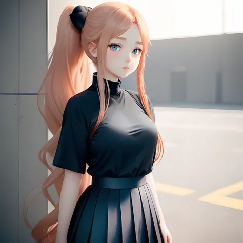 A anime girl with peach long hair in ponytail with blue eyes. Wearing black plain shirt and dark blue skirt. Full body