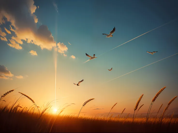 Under the setting sun, golden wheat fields, birds flying in the sky