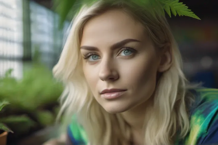 Award winning photography of an attractive blond haired woman with deep blue-green eyes in a tie and dye T shirt standing up in commercial cannabis green house, eye level shot, shot on sony cinealta, moody lighting, highly detailed, anamorphic style.. Phot...