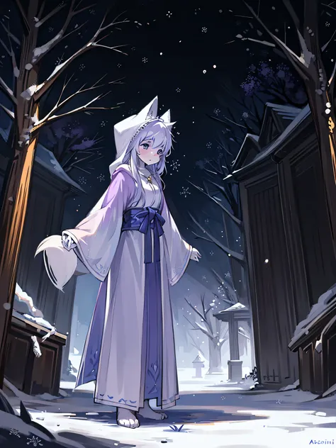 A white fox，Stand next to the tree，Dancing snowflakes，Abandoned wells，sadness，flowing robe，Hooded robe，One hand holds the tree，solo person，long whitr hair，Snowflakes in the sky，Lilac robe