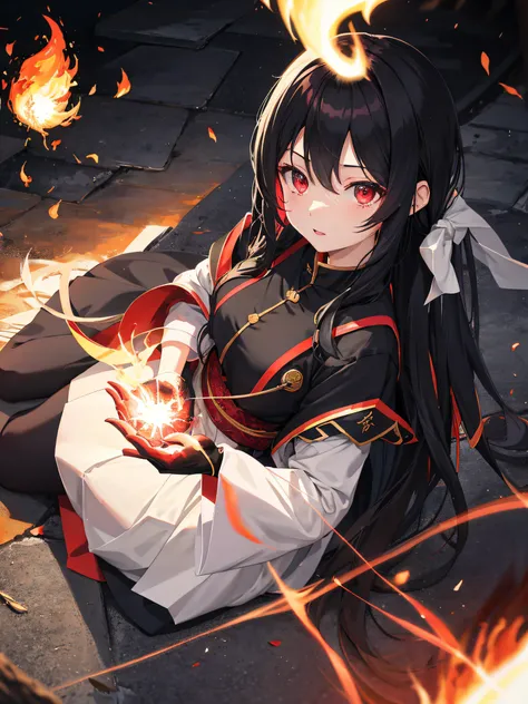 女の子1人、A dark-haired、Akame、Fire Witch、Bloods、Particles of light、llight rays、wall-paper、highcontrast、colourfull、Wearing flames