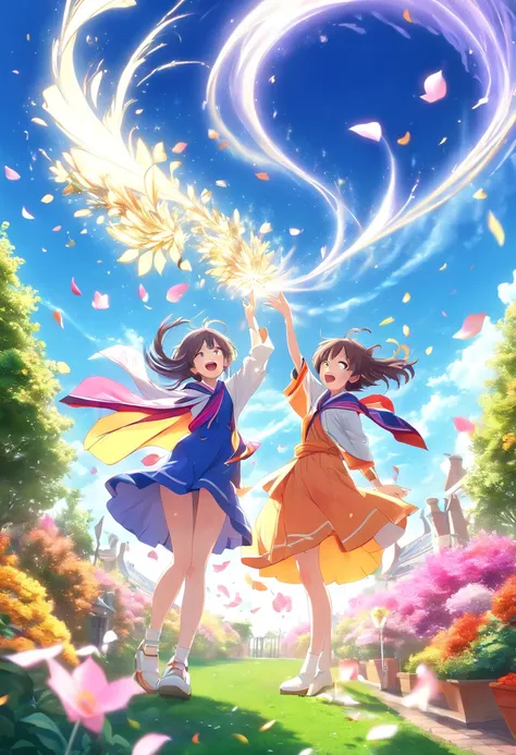 ((The garden is littered with many petals:1.5))，(Gusts of wind blow，Blowing two girls，Raise a hand to the sky:1.6)，Magic beyond imagination，innocent smiles，Maiden of the Wind，(Huge petal tornado around the girl:1.61)，Seven colors,(1girl in)，(Cute smile)，(T...