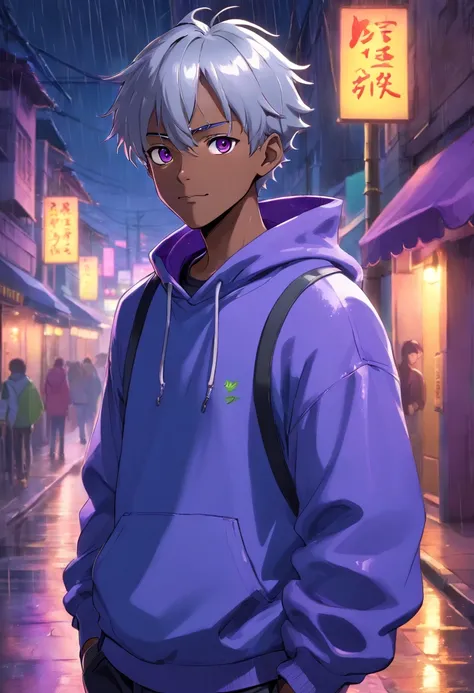 best quality, HDR, ultra-detailed, realistic, purple-eyed, short straight silver-haired, warm smile, african american male with hands in pockets, wearing a blue sweatshirt and black jeans, standing in heavy rain at night, inspired by anime, with a vibrant ...