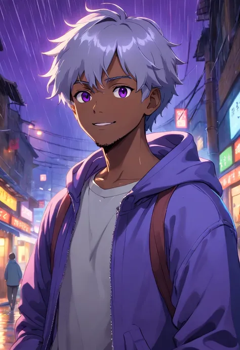 best quality, HDR, ultra-detailed, realistic, purple-eyed, short straight silver-haired, warm smile, african american male with hands in pockets, wearing a blue sweatshirt and black jeans, standing in heavy rain at night, inspired by anime, with a vibrant ...