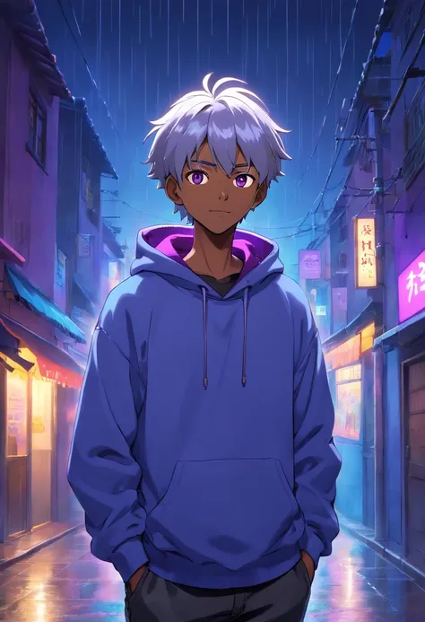 best quality, HDR, ultra-detailed, realistic, purple-eyed, short straight silver-haired, warm smile, african american male with hands in pockets, wearing a blue sweatshirt and black jeans, standing in heavy rain at night, inspired by anime, with a vibrant ...