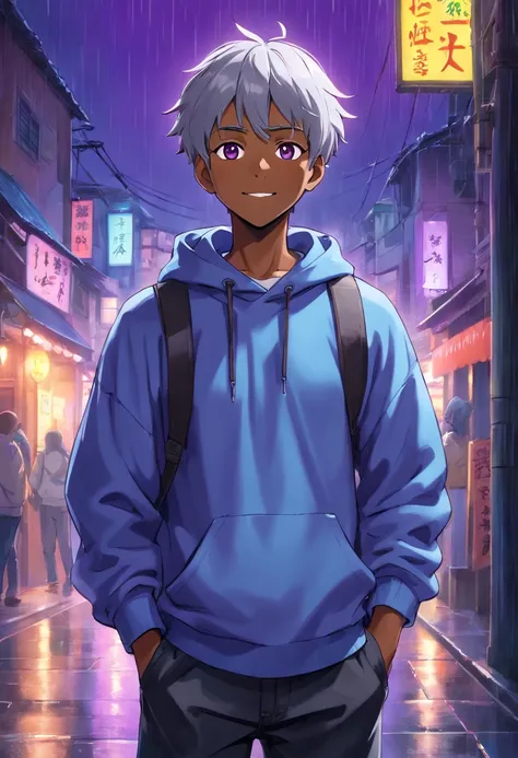 best quality, HDR, ultra-detailed, realistic, purple-eyed, short straight silver-haired, warm smile, african american male with hands in pockets, wearing a blue sweatshirt and black jeans, standing in heavy rain at night, inspired by anime, with a vibrant ...