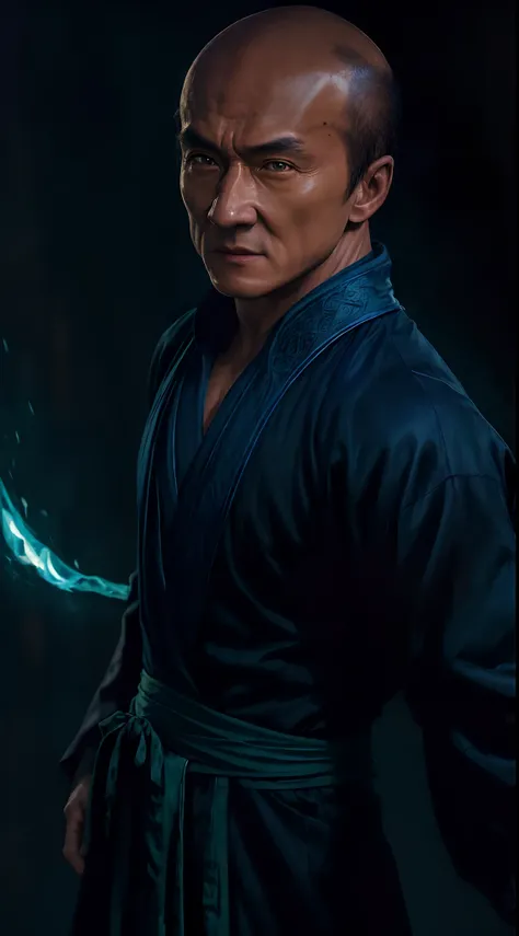 actor ((jackie chan)) as shang tsung, mortal kombat, ((old)), sinister-looking, ((bald spot)), ((goatee)), dark blue long robe, ...