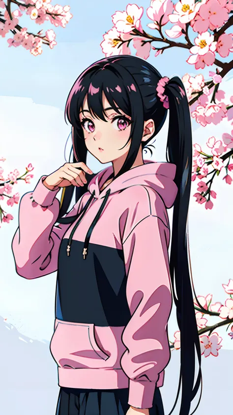 best quality, realistic:1.37, ultra-detailed, an anime girl in the spring, black hair, twintail, pink eyes, detailed eyes, beautiful, cool, pink hoodie