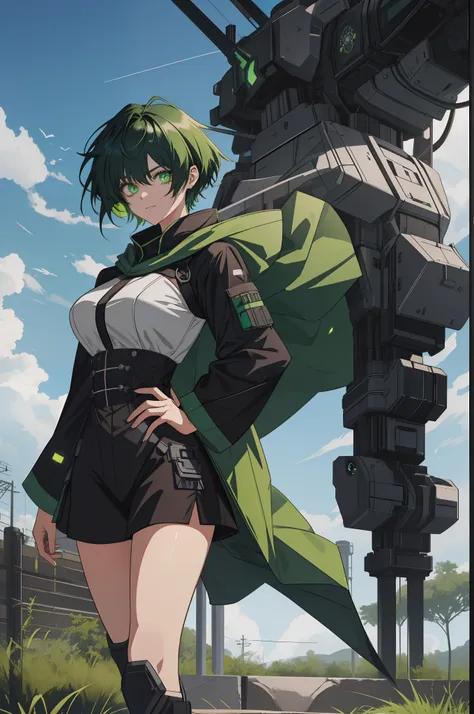 leges，mechanical leg，Black mechanical legs，Plump legs，Green gem setting，Anime girl standing gracefully on the ground，Black cape and green hair, rogue anime girl, Anime girl standing, Wearing a cloak on the blasted plain, asuka suit under clothes!, holy cyb...