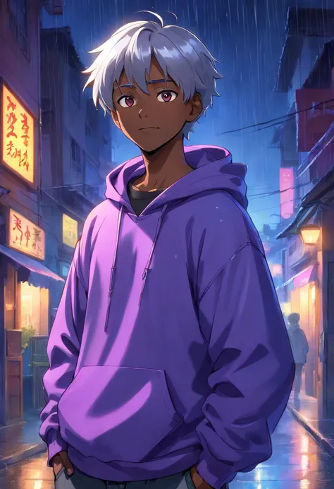 best quality, HDR, ultra-detailed, realistic, purple-eyed, short straight silver-haired, warm smile, african american male with hands in pockets, wearing a blue sweatshirt and black jeans, standing in heavy rain at night, inspired by anime, with a vibrant ...