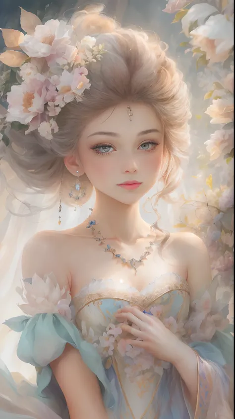 (Best quality, 4K, 8K, A high resolution, Masterpiece:1.2), Ultra-detailed, Realistic portrait of an aristocratic maiden, Detailed expression, Graceful posture, Dreamy atmosphere, expressive brush strokes, mystical ambiance, Artistic interpretation,Delicat...