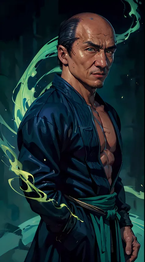 actor ((jackie chan)) as shang tsung, mortal kombat, ((old)), sinister-looking, ((bald spot)), ((goatee)), dark blue long robe, ...