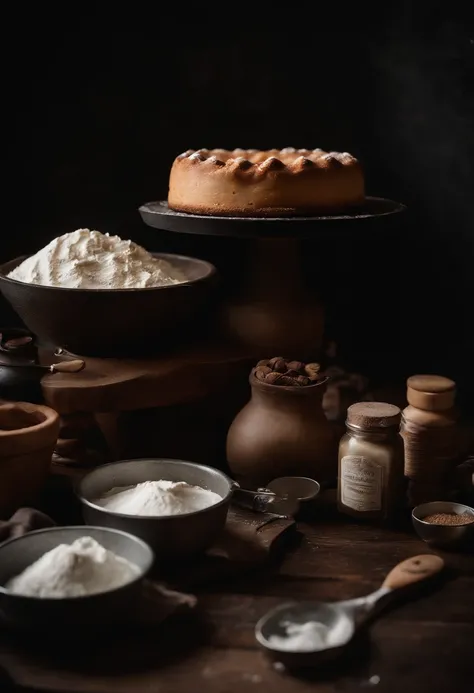 baking, cake, baking tools, baking powder, flat lay photography, creative composition, at wooden table, DSLR, professional photography, rustic, dark moody