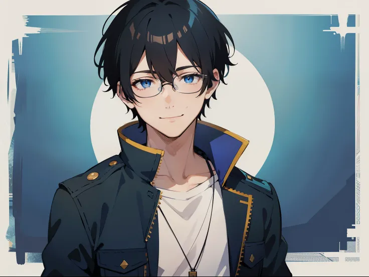 Anime, 1boy, blue jacket, short hair, black hair, looking at viewer, smiling, glasses, blue eyes, bangs, eye covering bangs, adult male