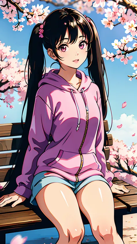 (best quality,4k,8k,highres,masterpiece:1.2),ultra-detailed,(realistic,photorealistic,photo-realistic:1.37),anime girl in spring,black hair, twintail,pink eyes,beautiful detailed eyes,cool pink hoodie,sitting on a bench in a blooming cherry blossom garden,...