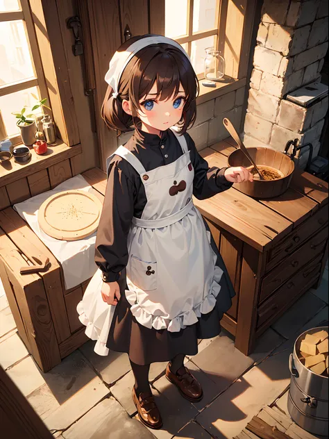 a little girl make bakery in kitchen, wearing apron, head wear, flour in her face, brown hair, medium bob hair, short sleves, (bacground: medieval kitchen, clay stove, fire, firewood), (masterpiece:1.4), highly detailed, (vibrant:1.2), best quality