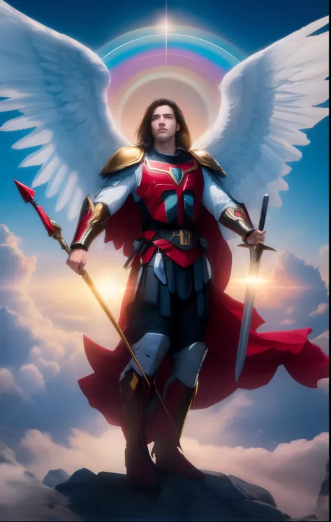 Man with wings and sword standing on a rock, Archangel Michael, archangel, St. Michael the Angel, angel in plastic armor, Angel of totalitarian socialism, Super Wide Angel, godrays digital painting, full - body majestic angel, holy paladin, Sacred Armor, P...