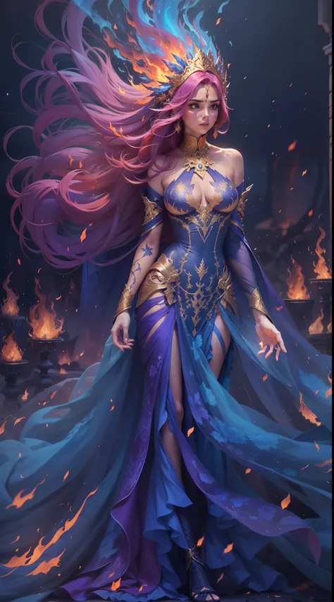 Crie uma deusa do fogo, de beleza radiante, ela utiliza um vestido feito de fogo que cobre todo seu corpo, Her hair is made of blue flames with purple, listras luminosas douradas adornam a roupa, A blue flame burns in one of his hands, and the setting is h...