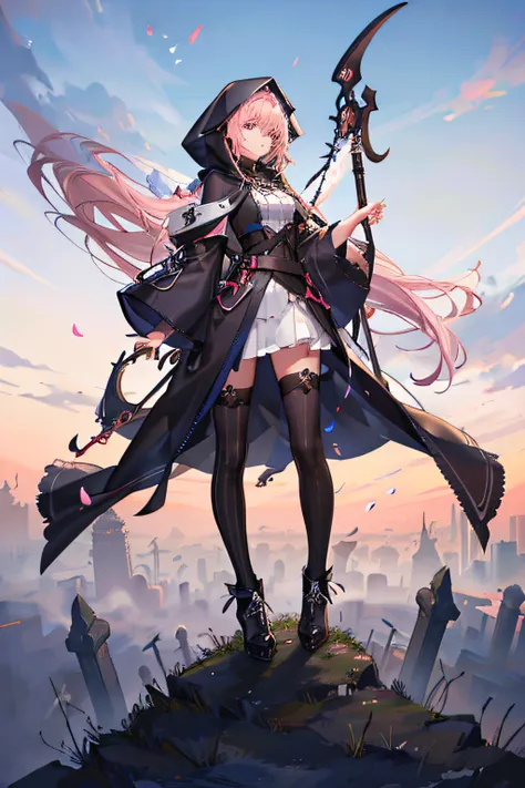 With a girl in a cute hood wrapped in thick fog、Female Grim Reaper Protecting Girl Behind,Wielding a scythe,Emerge from the swirling shadows.Stand in the Cemetery of Forgotten Souls.(Light brown and light pink striped hair:1.3,),Perfect face,Proper body pr...