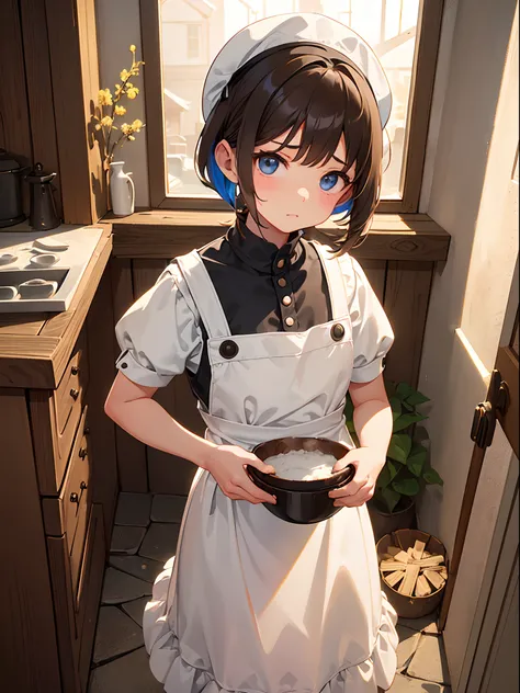 a little girl make bakery in kitchen with exiited expression, wearing apron, head wear, (flour in her face:1.2), brown hair, medium bob hair, short sleves, (bacground: medieval kitchen, clay stove, fire, firewood), (masterpiece:1.4), highly detailed, (vibr...