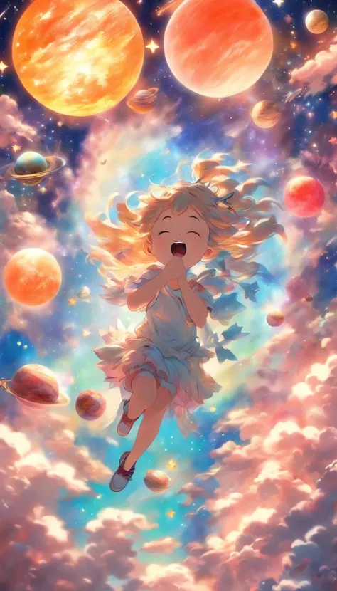 The girl diligently draws on paper, sticking out the tip of his tongue, sitting on a small planet in space, Stars and little fairies fly around