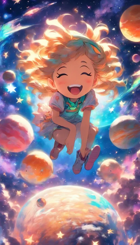 The girl diligently draws on paper, sticking out the tip of his tongue, sitting on a small planet in space, Stars and little fairies fly around