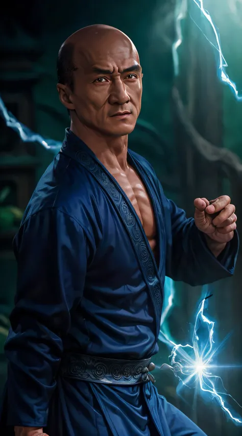 actor ((jackie chan)) as shang tsung, mortal kombat, ((old)), sinister-looking, ((bald spot)), ((goatee)), dark blue long robe, ...