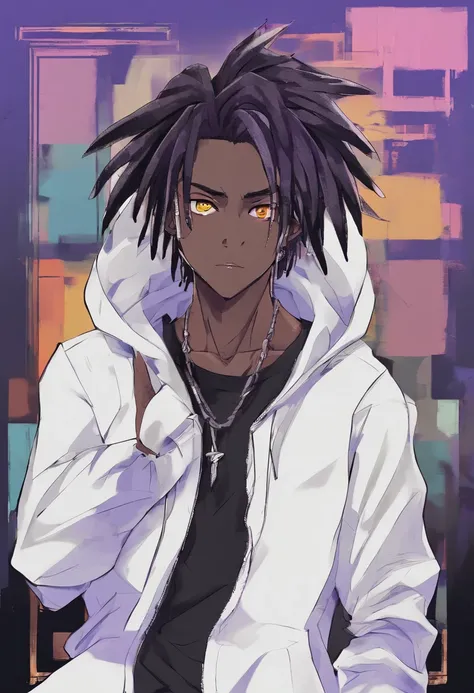 (masterpiece, top quality, best quality,official art, beautiful and aesthetic:1.2),anime drawing of an dark skin person with a black dreadlocks and a white shirt, wearing black hoodie with an yin Yang logo on it, halfbody headshot, cel - shaded art style, ...