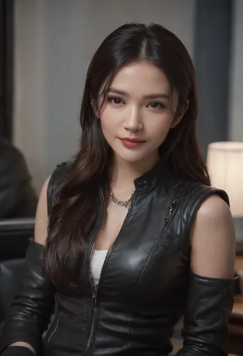 Wearing black leather gloves in both hands Upper body Black leather riders jacket Black leather skinny pants Black leather long boots Necklace on the chest Smiling at the desk in the modern study in the dark, no bra, long straight black hair Young Japanese...