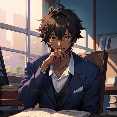 anime boy sitting at a desk with a book in front of him, anime handsome man, young anime man, anime portrait of a handsome man, realistic anime artstyle, handsome anime pose, makoto shinkai. digital render, inspired by Okumura Masanobu, anime. soft lightin...