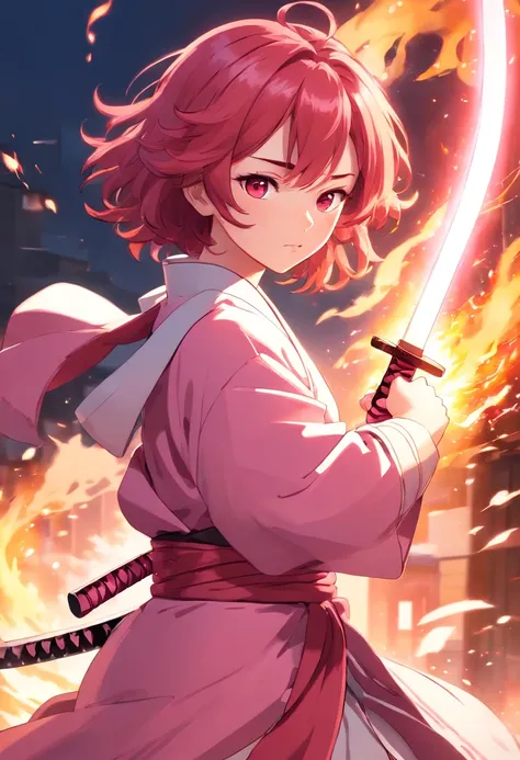 1girl, curly red hair, white skin, japanese traditional pink clothes, pink katana, ready to fight pose, pink fire power, sun breathing, demon slayer style, oni hunter, agressive looking, epic background full with fire