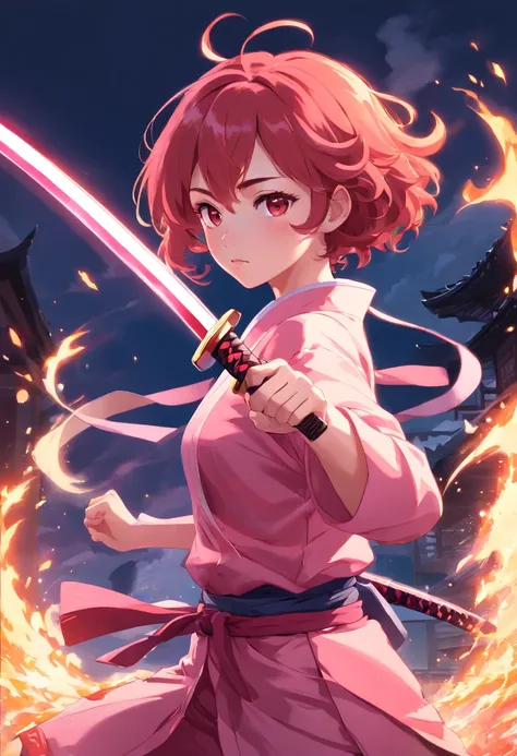 1girl, curly red hair, white skin, japanese traditional pink clothes, pink katana, ready to fight pose, pink fire power, sun breathing, demon slayer style, oni hunter, agressive looking, epic background full with fire