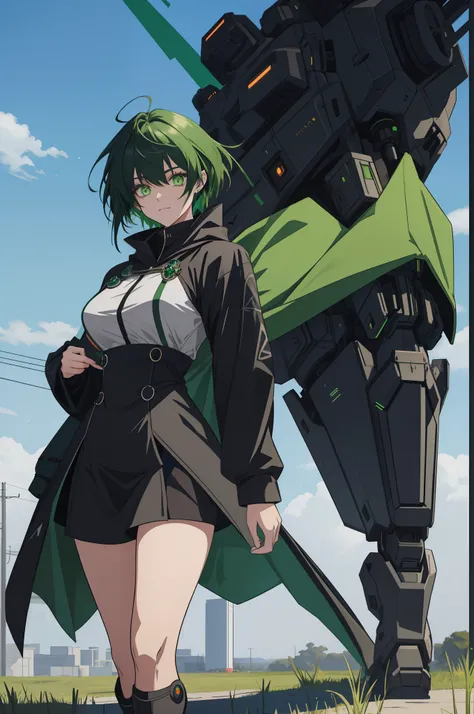 leges，mechanical leg，Black mechanical legs，Plump legs，Green gem setting，Anime girl standing gracefully on the ground，Black cape and green hair, rogue anime girl, Anime girl standing, Wearing a cloak on the blasted plain, asuka suit under clothes!, holy cyb...