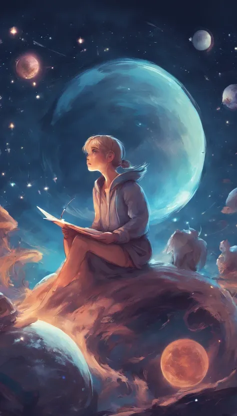 The girl diligently draws on paper, sticking out the tip of his tongue, sitting on a small planet in space, Stars and little fairies fly around