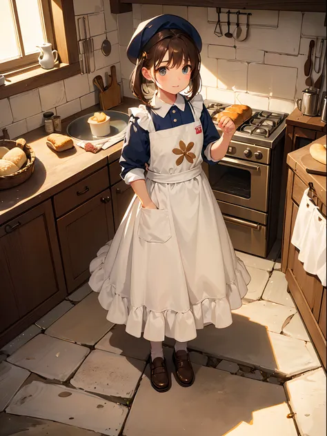 a little girl make bread in kitchen with exited expression, (wheat bread:1.1), wearing apron, head wear, (flour in her face:1.2), brown hair, medium bob hair, short sleves, (bacground: medieval kitchen, clay stove, fire, firewood), (masterpiece:1.4), highl...