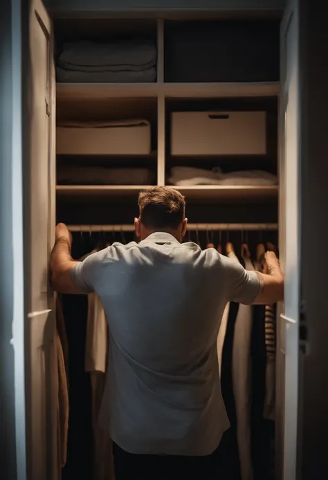 Rear view of a man dressing in a closet