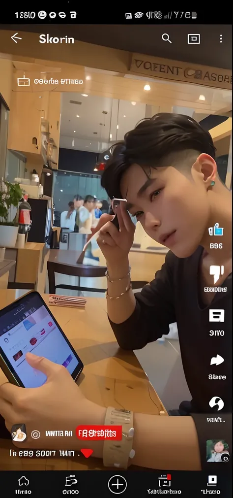 there is a man that is looking at a tablet screen, tiktok video, mukbang, cai xukun, ruan cute vtuber, taehyung eating gucci fries, youtuber, in a coffee shop, low quality video, trending on tiktok, youtube video screenshot, 1 7 - year - old boy thin face,...