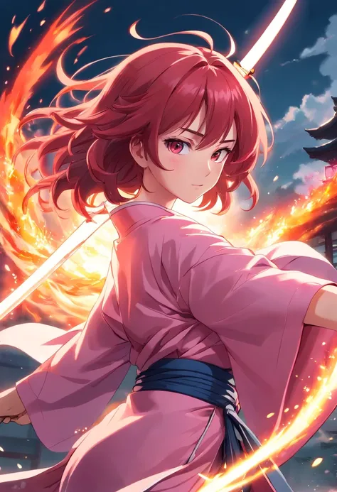 1girl, long curly redhair, white skin, wearing a pink kimono, pink katana, ready to fight pose, pink fire power, sun breathing, demon slayer style, oni hunter, agressive looking, epic background full with fire